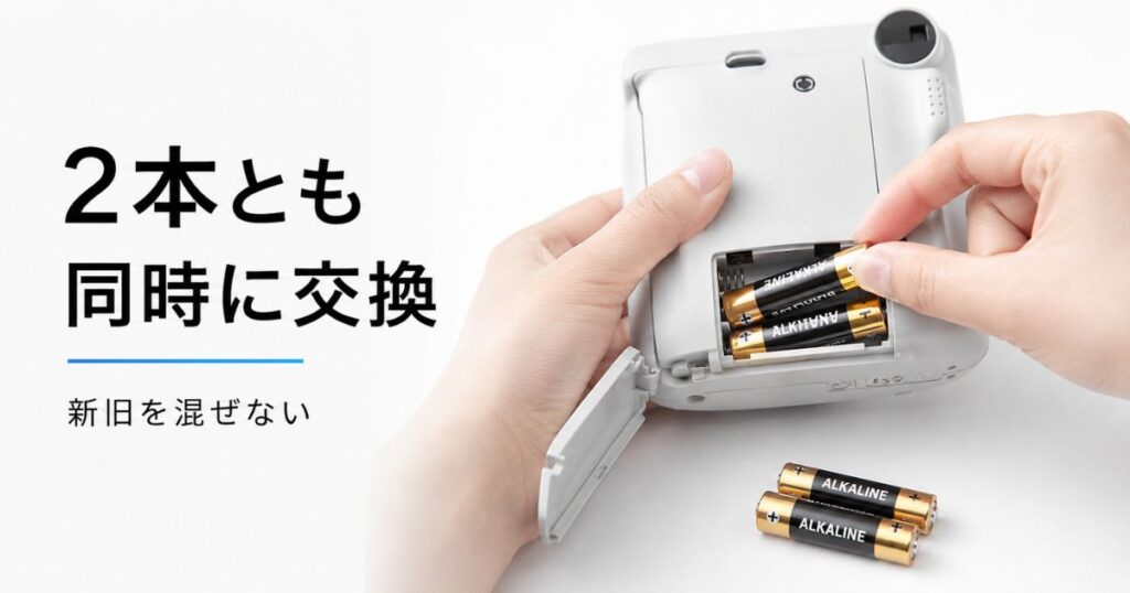 チェキの電池ぶたを開けて単3形アルカリ電池を2本とも同時に交換している手元