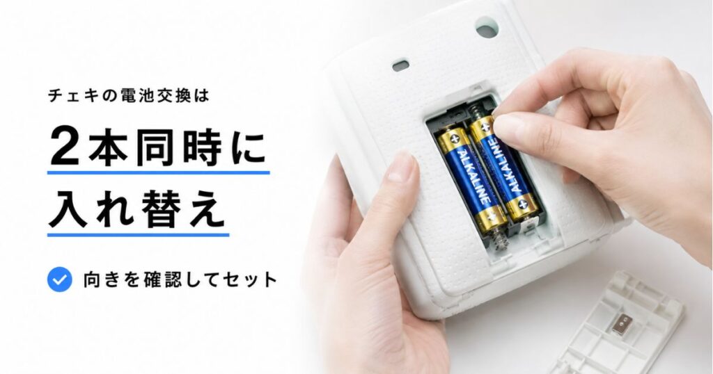 チェキの単3形アルカリ電池を2本とも同時に交換している様子