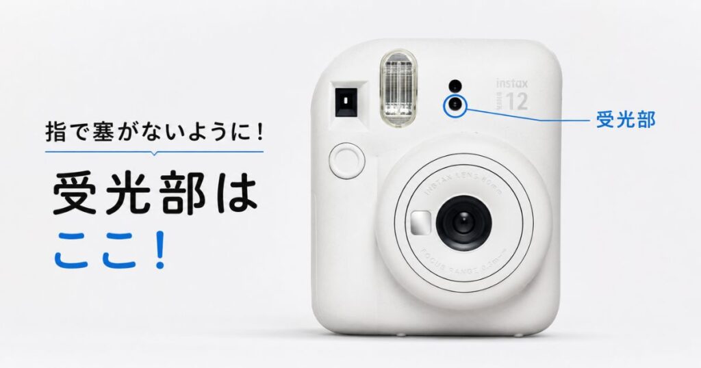 チェキ本体前面の受光部の位置を示した正面からの写真