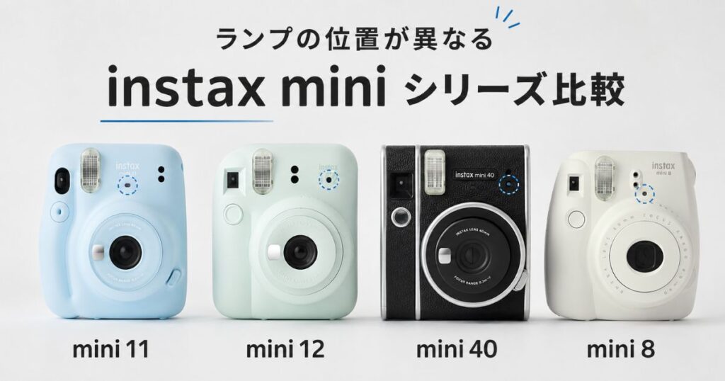 ランプの位置が異なるinstax mini 11とmini 12とmini 40とmini 8を並べた比較