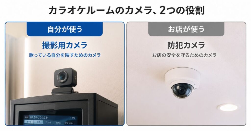快活クラブのカラオケの撮影用カメラと店内の防犯カメラの役割を比べた図