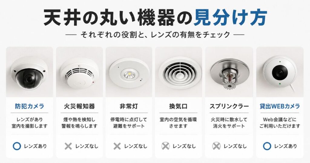 快活クラブの部屋にある防犯カメラと火災報知器や非常灯の見分け方をまとめた図