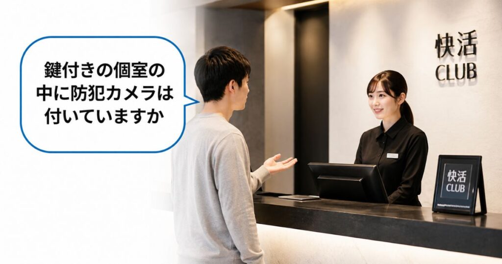 快活クラブの受付で鍵付き個室のカメラの有無を店員に質問している場面のイラスト