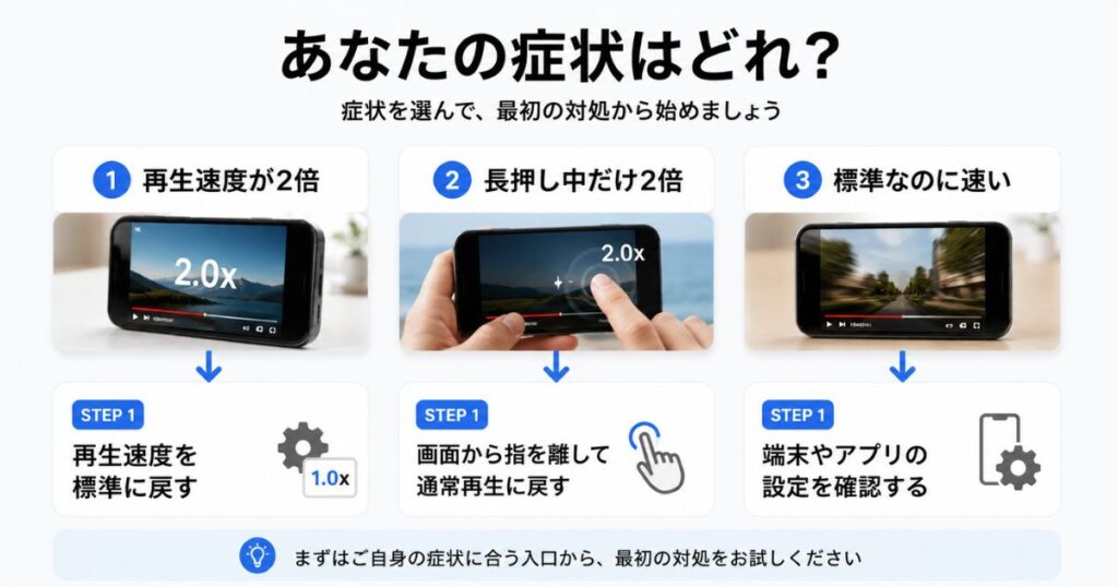 YouTubeが勝手に早送りや2倍速になる症状別の直し方の分岐図