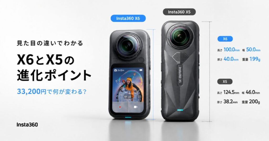 Insta360 X6とX5の違いを比較した本体正面の並び画像
