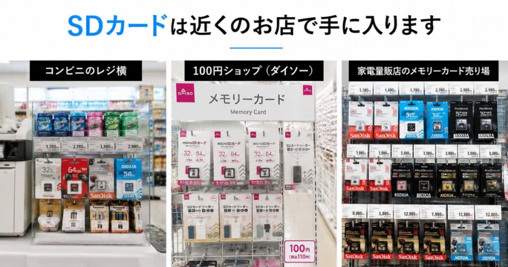 SDカードがコンビニやダイソーや家電量販店で売っている売り場のようす