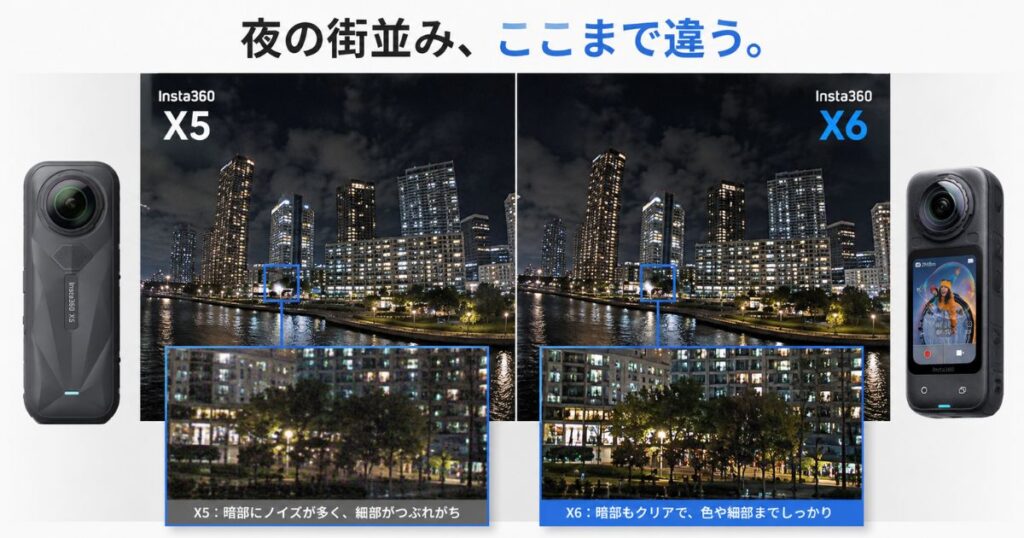 Insta360 X6とX5の暗所比較で夜景のノイズの差がわかる画像