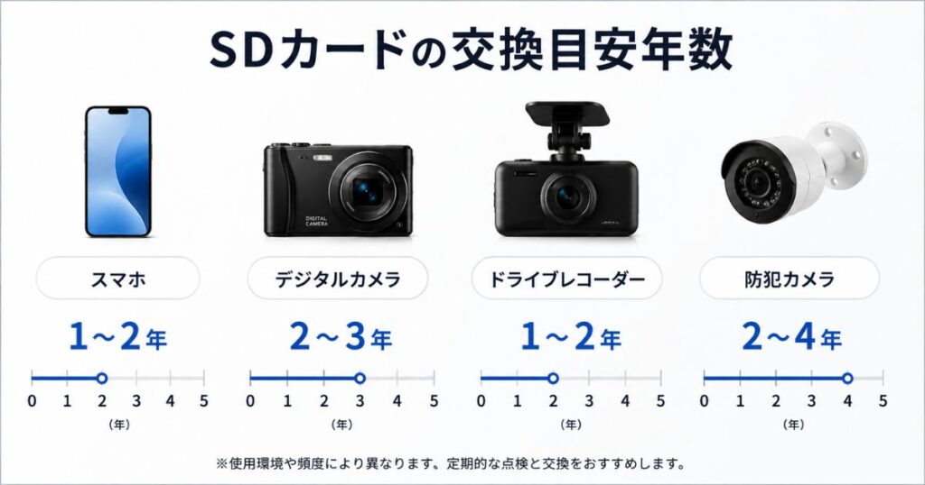 スマホからドライブレコーダーまで機器ごとのSDカードの交換目安年数を並べた図解