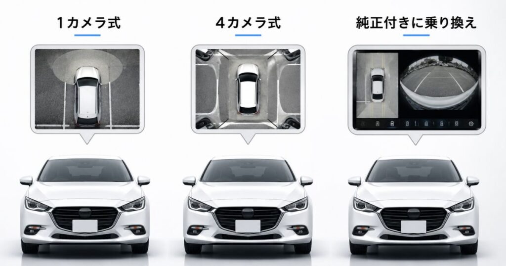 360度カメラを車に後付けする3つの方式の比較イメージ