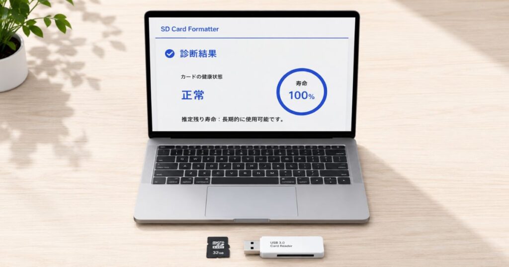 パソコンの診断ソフトの画面とmicroSDカードとカードリーダーを並べた作業風景