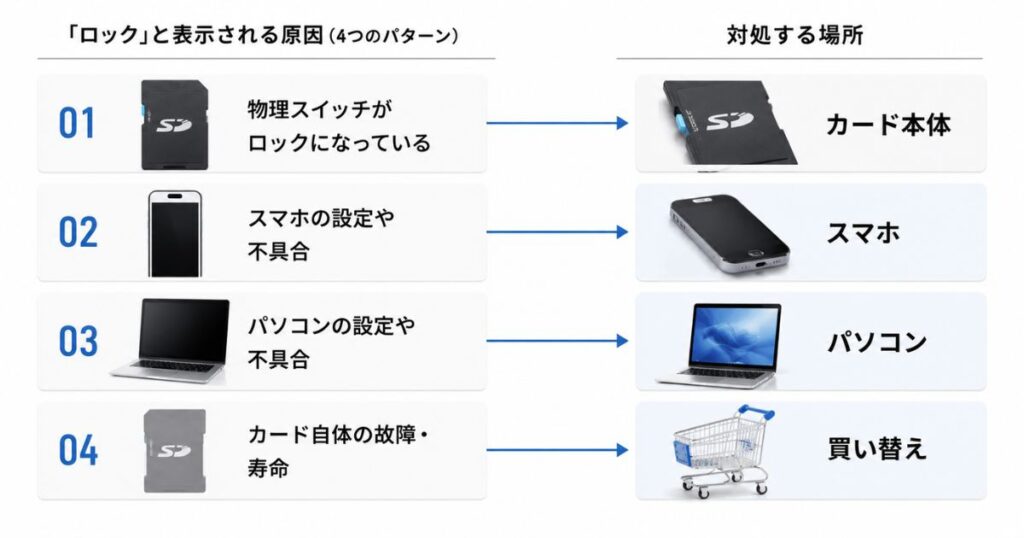 SDカードのロックと呼ばれる4つの症状と、それぞれの対処場所を示した切り分け図
