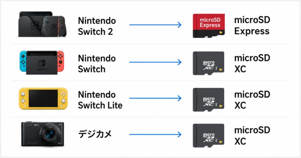 SwitchとSwitch 2とデジカメで使えるSDカードの種類を分けた図解