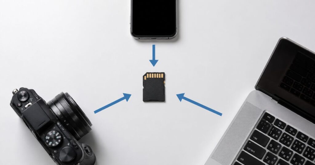 スマホとカメラとパソコンの中央に置かれたSDカードと解除の作業場所を示した構図