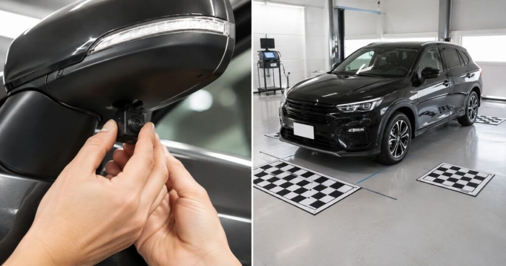 ドアミラー下へのカメラ取り付けと調整シートを使ったキャリブレーション作業