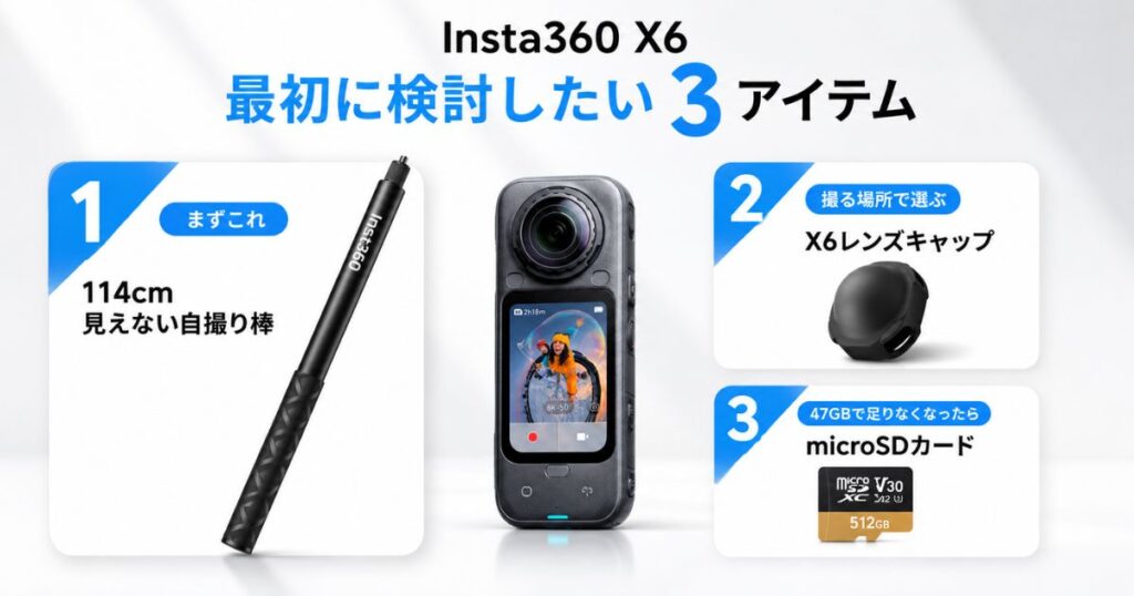 Insta360 X6で最初に検討する見えない自撮り棒とレンズ保護とmicroSDカードの優先順位