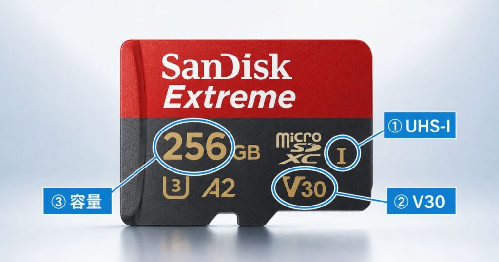 Insta360 X6の推奨SDカードの条件であるUHS-IとV30を示したmicroSDカードの表面