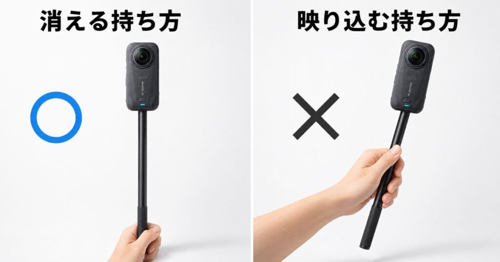 見えない自撮り棒が消える持ち方と手が映り込む持ち方の違い