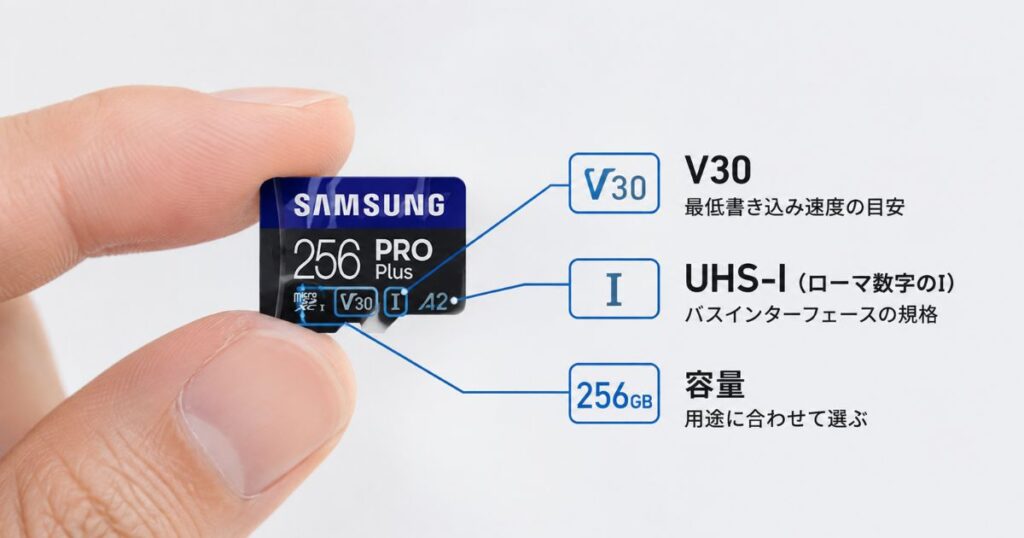 microSDカードのV30とUHS-Iと容量の表示位置を示した接写