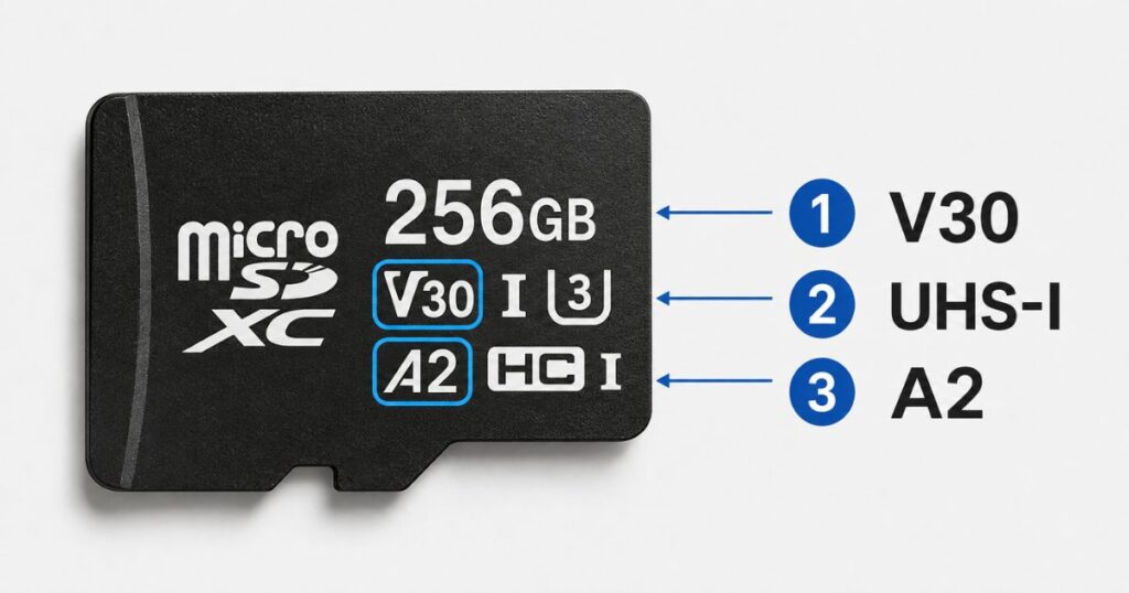 microSDカードのV30とUHS-IとA2の表示位置を示した図解