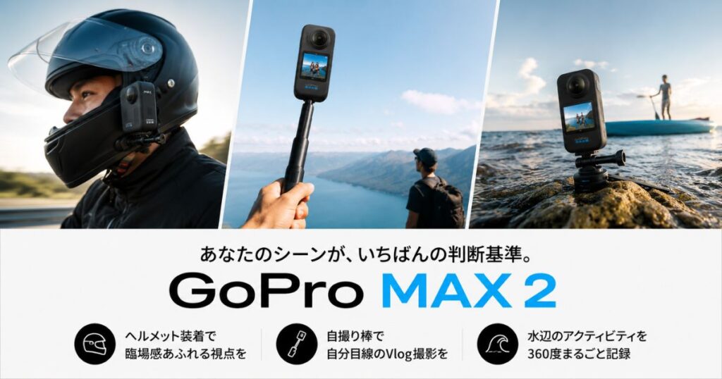 バイクと水辺とVlogで360度カメラを使い分けるシーンのイメージ
