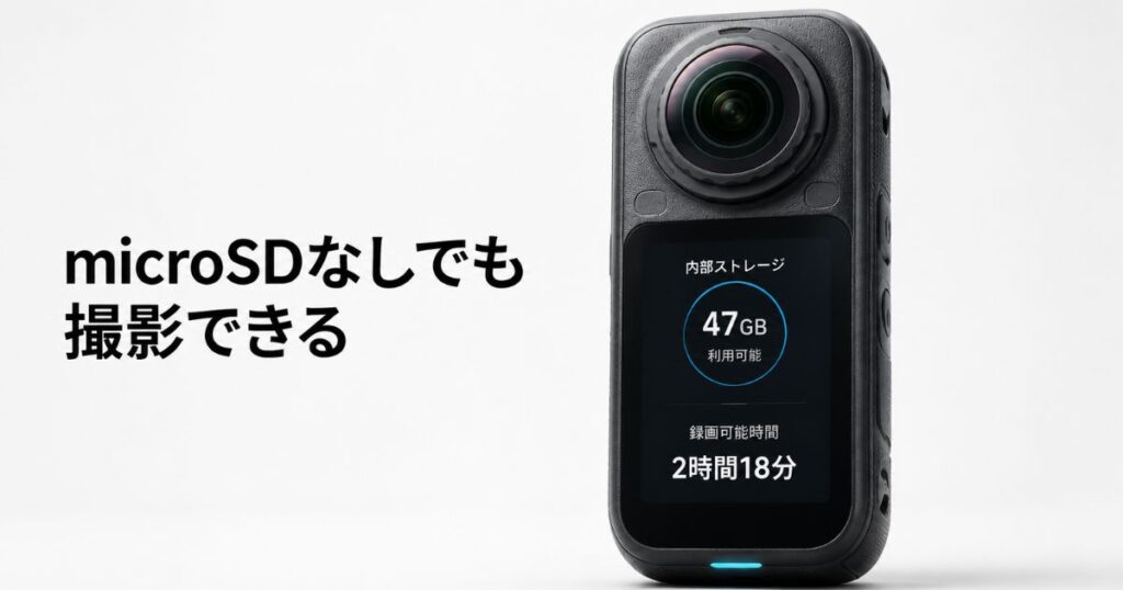 microSDカードなしのInsta360 X6で内蔵ストレージの残り容量が表示された画面