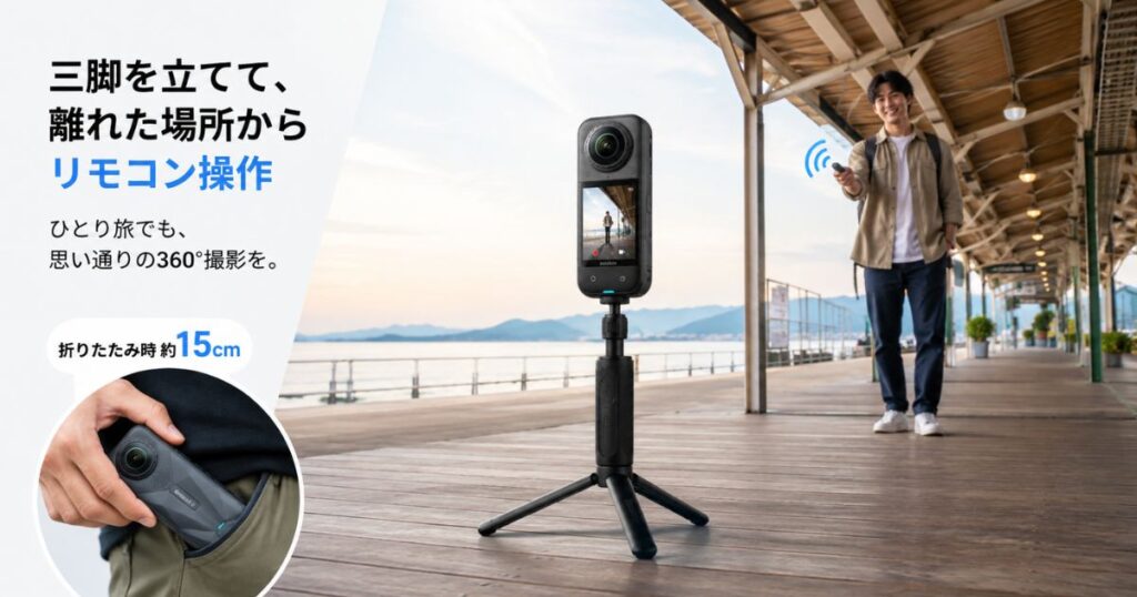 Insta360 X6トラベルキットの三脚付き自撮り棒を立てて離れた場所からリモコン操作するひとり旅の場面