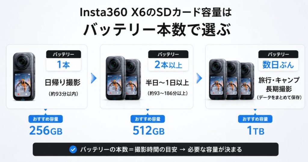 Insta360 X6のSDカード容量をバッテリー本数から選ぶ判断の流れ図