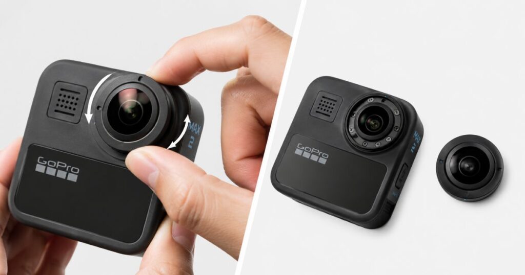 GoPro MAX2の交換レンズを工具なしで取り外している手元のカット