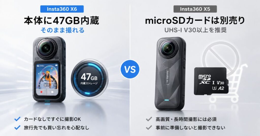 Insta360 X6の47GB内蔵ストレージとmicroSDカード別売りの違いを並べた図